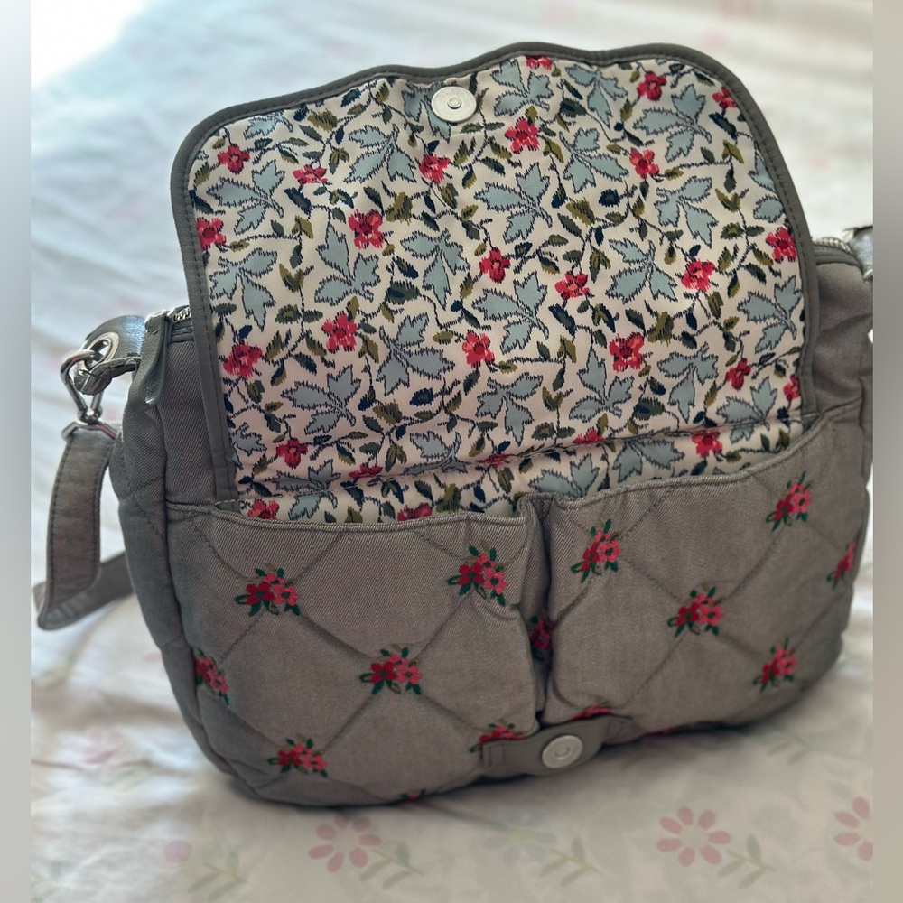 Carson Shoulder Bag In Grey Denim With Embroidered Flowers